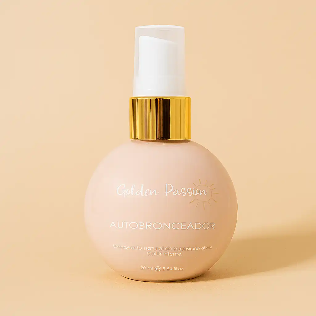 Autobronceador Golden Passion de 20 ml con acabado natural, sin exposición al sol. Fórmula premium para bronceado seguro desde casa
